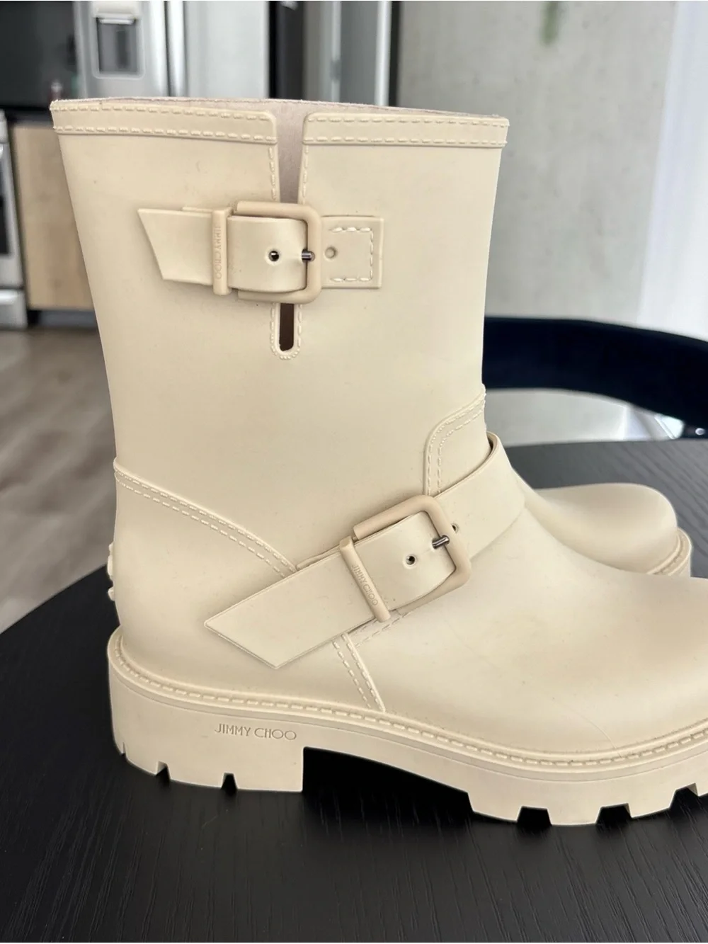 Jimmy Choo Cream Lug Sole Yael Buckle Boots Rain Boots Slip On EU 37 / US 7